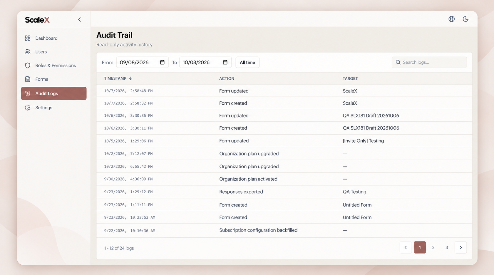 ScaleX Audit Logs interface